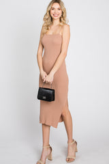 Mocha Ribbed Square Neck Side Slit Midi Dress