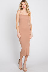 Mocha Ribbed Square Neck Side Slit Midi Dress