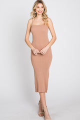 Mocha Ribbed Square Neck Side Slit Midi Dress