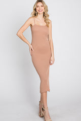 Mocha Ribbed Square Neck Side Slit Midi Dress