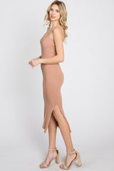 Mocha Ribbed Square Neck Side Slit Midi Dress