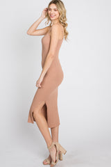 Mocha Ribbed Square Neck Side Slit Midi Dress