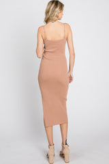 Mocha Ribbed Square Neck Side Slit Midi Dress