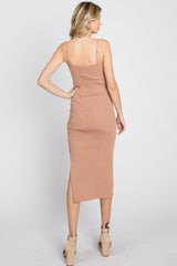 Mocha Ribbed Square Neck Side Slit Midi Dress