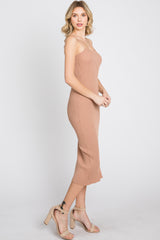 Mocha Ribbed Square Neck Side Slit Midi Dress