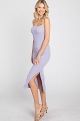 Lavender Ribbed Square Neck Side Slit Midi Dress