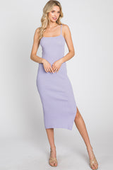 Lavender Ribbed Square Neck Side Slit Midi Dress