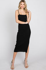 Black Ribbed Square Neck Side Slit Midi Dress