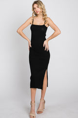 Black Ribbed Square Neck Side Slit Midi Dress