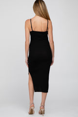 Black Ribbed Square Neck Side Slit Maternity Midi Dress