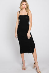 Black Ribbed Square Neck Side Slit Midi Dress