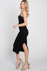 Black Ribbed Square Neck Side Slit Midi Dress