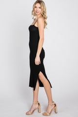 Black Ribbed Square Neck Side Slit Midi Dress