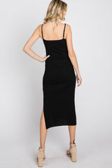 Black Ribbed Square Neck Side Slit Midi Dress