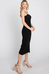 Black Ribbed Square Neck Side Slit Midi Dress