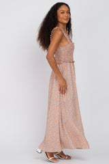 Taupe Floral Smocked Sleeveless Maxi Dress