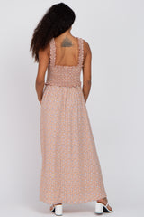 Taupe Floral Smocked Sleeveless Maxi Dress