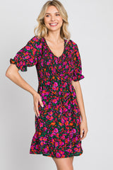 Black Floral Smocked Ruffle Hem Dress