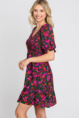 Black Floral Smocked Ruffle Hem Dress