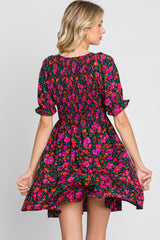 Black Floral Smocked Ruffle Hem Dress