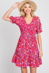 Fuchsia Floral Smocked Ruffle Hem Dress