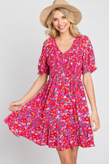 Fuchsia Floral Smocked Ruffle Hem Maternity Dress