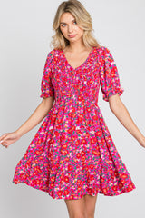 Fuchsia Floral Smocked Ruffle Hem Dress