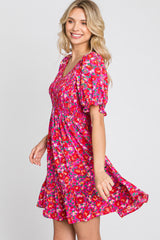 Fuchsia Floral Smocked Ruffle Hem Dress