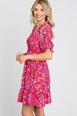 Fuchsia Floral Smocked Ruffle Hem Dress