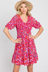 Fuchsia Floral Smocked Ruffle Hem Dress