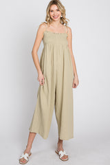 Light Olive Gauze Smocked Tie Strap Jumpsuit