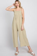 Light Olive Gauze Smocked Tie Strap Jumpsuit