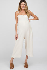 Cream Gauze Smocked Tie Strap Maternity Jumpsuit