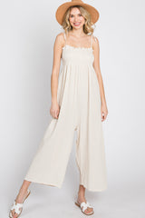 Cream Gauze Smocked Tie Strap Jumpsuit