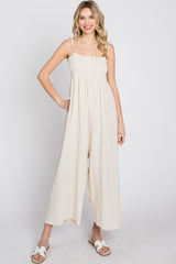 Cream Gauze Smocked Tie Strap Jumpsuit