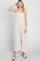 Cream Gauze Smocked Tie Strap Jumpsuit