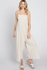 Cream Gauze Smocked Tie Strap Jumpsuit