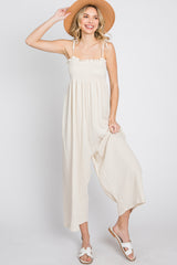 Cream Gauze Smocked Tie Strap Jumpsuit