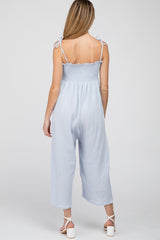 Light Blue Gauze Smocked Tie Strap Maternity Jumpsuit