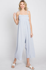 Light Blue Gauze Smocked Tie Strap Maternity Jumpsuit