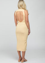 Yellow Ribbed Sleeveless Back Cutout Maternity Midi Dress