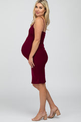 Burgundy Ribbed Fitted Maternity Dress