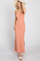 Peach Ribbed Side Slit Maxi Dress