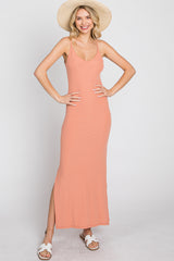 Peach Ribbed Side Slit Maxi Dress