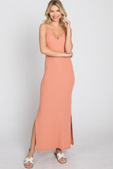 Peach Ribbed Side Slit Maxi Dress