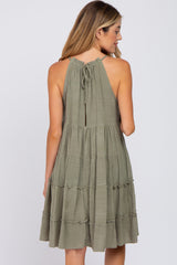 Olive Textured Halter Ruffle Tiered Maternity Dress