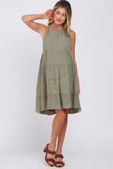 Olive Textured Halter Ruffle Tiered Maternity Dress