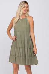 Olive Textured Halter Ruffle Tiered Maternity Dress