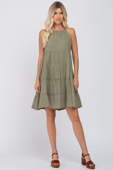 Olive Textured Halter Ruffle Tiered Dress