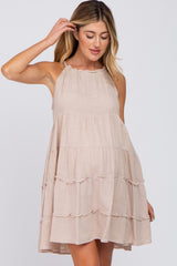 Beige Textured Halter Ruffle Tiered Maternity Dress